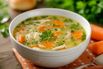 Sticker - Savory chicken soup with carrots, parsley, and noodles served in a ceramic bowl, a comforting meal