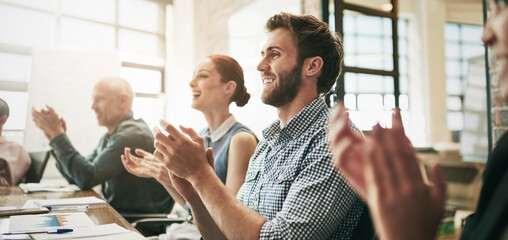 Aufkleber - Businesspeople, presentation and meeting with applause, discussion and support for workshop. Group, training and collaboration for success, brainstorming and winning for creative business research