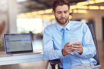 Aufkleber - Laptop, cellphone and businessman in office typing for company email online for communication. Reading, technology and professional male attorney networking on internet with phone in law firm.