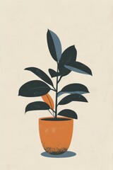 Poster - A stylized illustration of a dark-leaf potted plant against a textured beige background, evoking a modern and simple aesthetic