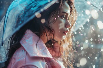 Aufkleber - A brilliant capture of a woman clad in a transparent raincoat as raindrops and light surround her