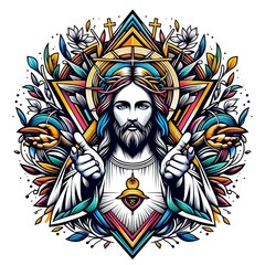 Wall Mural - A colorful illustration of a jesus christ holding two hands image lively card design illustrator.