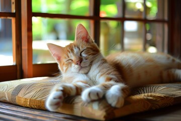 Aufkleber - A ginger cat relaxes on a golden cushion by the window, basking in warm sunlight and exemplifying homely comfort