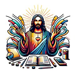 Wall Mural - A colorful illustration of a jesus christ lively has illustrative meaning used for printing card design illustrator.