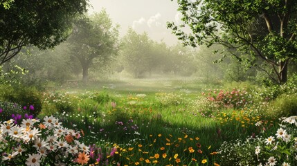Wall Mural - Lush green meadow surrounded by wildflowers, offering a peaceful setting for outdoor yoga