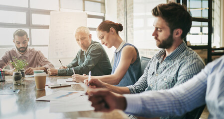 Aufkleber - Business people, meeting and boardroom brainstorming with paperwork or financial statistics, collaboration or strategy. Men, women and conference room planning at startup office, document or review