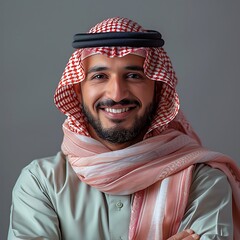 A confident, happy Saudi, Gulf man wearing a arabic thobe and shemagh, standing straight