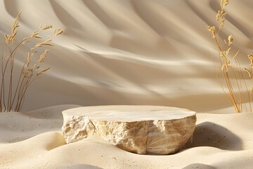 rock podium on sand background for product presentation. Natural beauty pedestal, earth tone colour, relaxation concept, 3d illustration. Generative Ai.