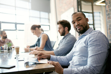 Aufkleber - Corporate training, portrait and employees in a meeting, planning and communication for startup success. Business people, support and leader in an office, brainstorming and share ideas for project