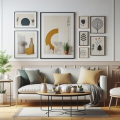 Wall Mural - A living room with a template mockup poster empty white and with a couch and art on the wall image photo has illustrative meaning used for printing.