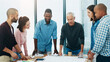 © peopleimages.com - Business people, architecture and discussion in meeting with blueprint for building design, brainstorming or planning. Architect, employee or collaboration with floor plan in boardroom with diversity