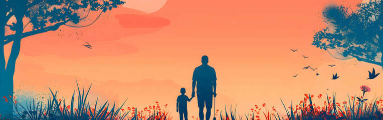 colorful dad and son flat design art illustration banner ,happy father's Day greeting card. generative ai