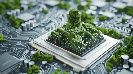 Poster - circuit board and cpu with greenery, symbolizing tech-nature fusion for energy conservation.