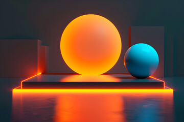 Wall Mural - Square podium frosted glass floor with orange neon light, glow ball podium. Generative Ai.