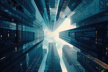 Poster - a view of skyscrapers from the ground looking up. suitable for business and urban themes