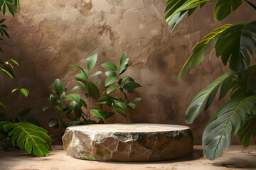 Wall Mural - Stone display podium with nature leaves on brown background. 3D rendering. Generative Ai.