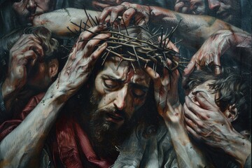 Wall Mural - A powerful image of a man wearing a crown of thorns. Ideal for religious or historical projects