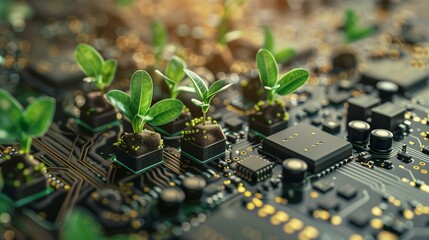 Wall Mural - Green circuit board with a CPU and plants, symbolizing energy conservation.