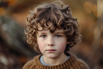 Sticker - Portrait of a young child with curly hair against a blurred autumn background