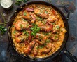 Cajun Crawfish Etouffee: Overhead View of Smothered Crawfish in Cast Iron Skillet. Classic