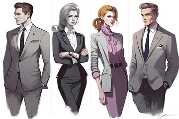 Business people, fashion illustration, cartoon style.