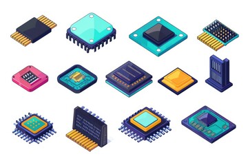 Poster - a set of electronic components including a processor and a microchip. suitable for technology and en