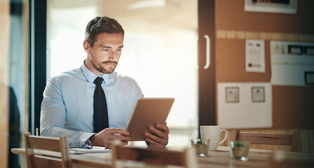 Fototapete - Internet, office and business man on tablet for research, website and reading news blog. Corporate, professional and person on digital technology working on online project, planning and review