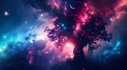 Wall Mural - A tree is in the middle of a starry sky. The sky is filled with stars and the tree is surrounded by them. Generative AI