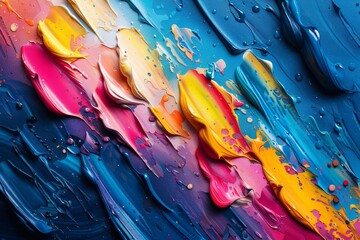 Poster - Vibrant swirls of yellow, pink, and blue paint create an abstract, artistic background on canvas