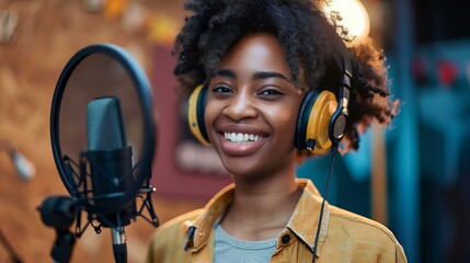 smiling woman with headphones in a recording studio talking to microphone