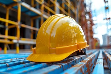 The image shows a new yellow safety helmet resting on vibrant blue construction pipes at a site