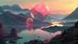 Artistic 3D illustration of surreal lakeside landscape with futuristic spheres glowing at dusk.