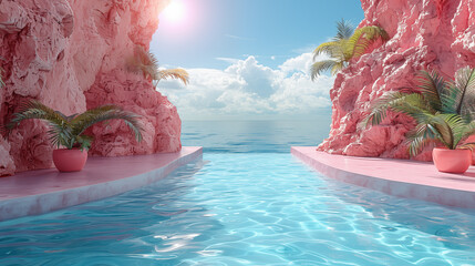 Wall Mural - 3d render of pink sand beach with palm trees and ocean view