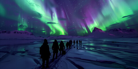 Wall Mural - A group of tourist are watching the northern light aurora borealis at a northern light guided tour	