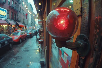 Poster - A red signal light shines on a wet city street at night, reflecting on wooden surfaces with blurred urban background