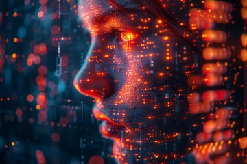 Poster - A digital art piece featuring a woman's face overlaid with red data-like patterning