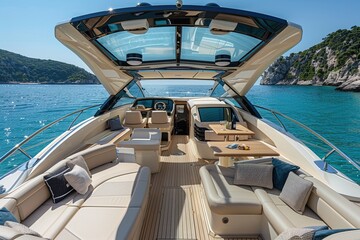 Wall Mural - Sleek and stylish interior of an open bow motor boat with beige leather seats, black details, and white fabric on the floor, and a clear glass roof, set against a backdrop of sparkling blue water.