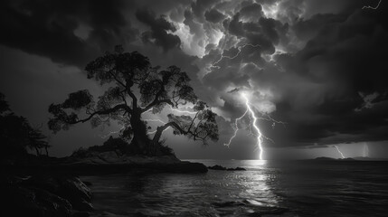 Wall Mural - Intense storm over the ocean with multiple lightning strikes and dark clouds, captured in a black and white setting.
