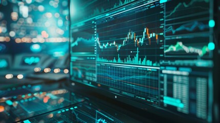 Multi exposure of chart and financial info and work space with computer background. Concept of international online trading. Digital finance and technology blend in a modern workspace