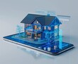 3D model of a smart home visualized on a smartphone, featuring interactive digital controls and architectural details.