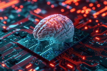 Poster - 3d illustration of a glowing brain on an electronic circuit board representing artificial intelligen