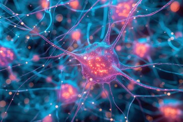 Poster - Digital artwork of a neuron with glowing connections representing neural activity