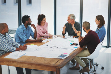Poster - Business people, architect and discussion in meeting with floor plan for building design, brainstorming or planning. Architecture, employee or collaboration with blueprint in boardroom with diversity