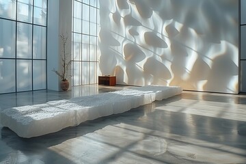Poster - A modern spacious room with dynamic wall shadows and a minimalist design including a unique bench