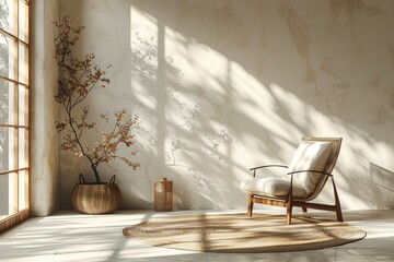 A modern chic room featuring a fashionable chair and woven accessories in a space drenched with warm sunlight and soft shadows