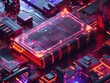 Conceptual 3D rendering of a processor chip shaped as a digital book, glowing with neon lights, symbolizing the integration of advanced technology and knowledge.