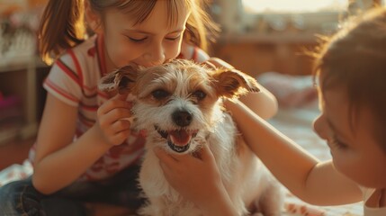 Two happy girls hugging a cute dog. The dog is smiling.