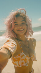 Canvas Print -  young woman with tan skin and pink hair extends his hand and smiles kind and playfully, offers come with her a bright sunny day on the beach