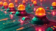 Intricate 3D rendering of a futuristic alert system with glowing domes on a neon circuit board, symbolizing advanced security and monitoring.