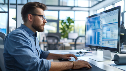 Computer programmer male writing program code on computer online, work from home.
